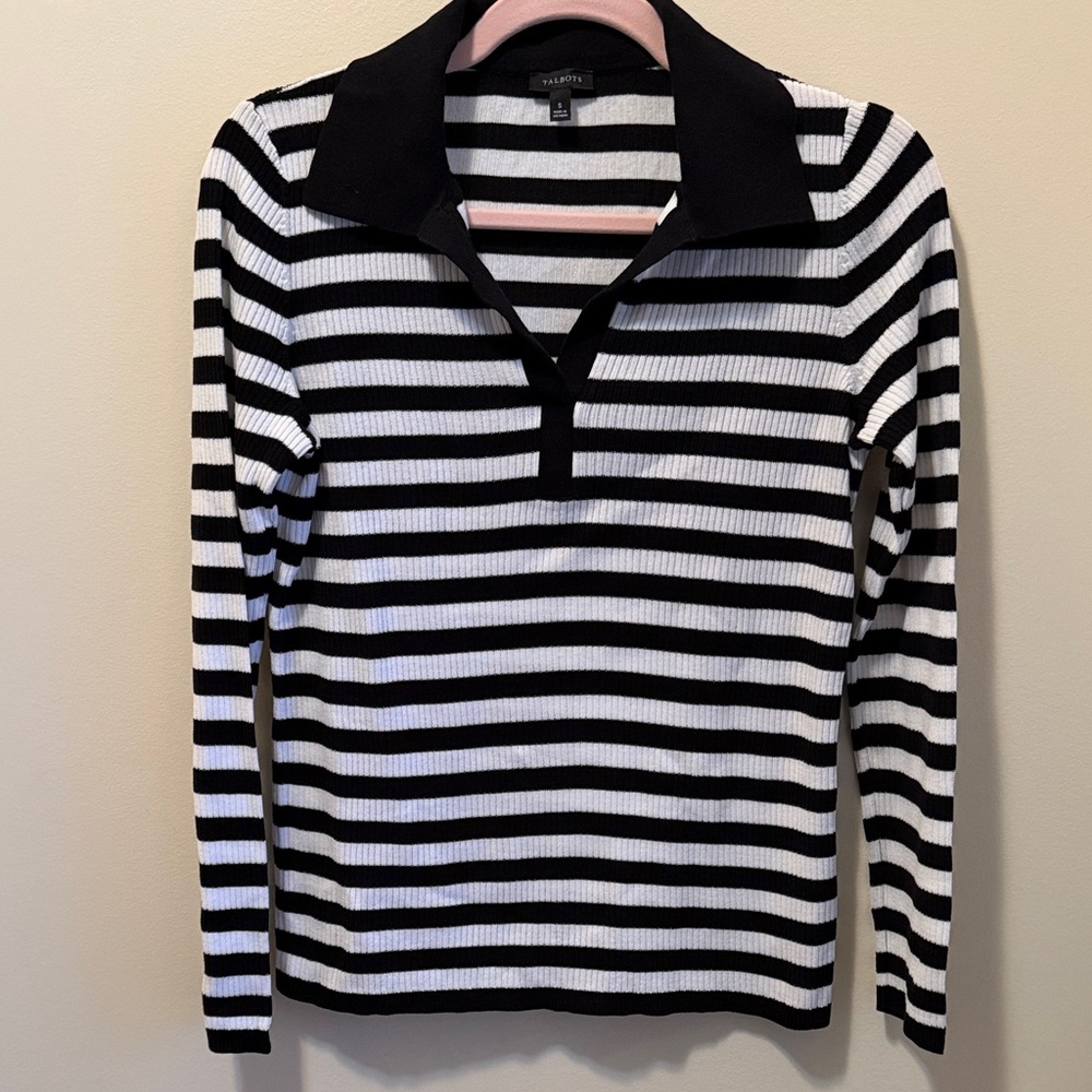 Talbots Black and White Striped Long Sleeve Polo